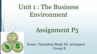 Unit 1 : The Business
Environment
Assignment P5
Name: Tarandeep Singh ID: 40095900
Group B
 