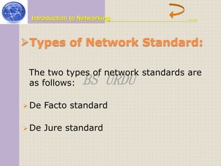 Introduction to Networking ….. 
Types of Network Standard: 
The two types of network standards are 
as follows: 
BS URDU 
De Facto standard 
De Jure standard 
 