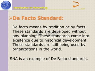 Introduction to Networking ….. 
De Facto Standard: 
De facto means by tradition or by facts. 
These standards BS are URDU 
developed without 
any planning. These standards come into 
existence due to historical development. 
These standards are still being used by 
organizations in the world. 
SNA is an example of De Facto standards. 
 