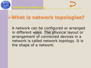 Introduction to Networking ….. 
What is network topologies? 
A network can be configured or arranged 
in different ways. BS URDU 
The physical layout or 
arrangement of connected devices in a 
network is called network topology. It is 
the shape of a network. 
 