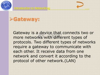 Introduction to Networking ….. 
Gateway: 
Gateway is a device more networks BS with URDU 
that connects two or 
different types of 
protocols. Two different types of networks 
require a gateway to communicate with 
each other. It receive data from one 
network and convert it according to the 
protocol of other network.(LAN) 
 
