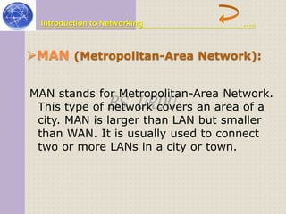 Introduction to Networking ….. 
MAN (Metropolitan-Area Network): 
MAN stands for Metropolitan-This type of BS network URDU 
Area Network. 
covers an area of a 
city. MAN is larger than LAN but smaller 
than WAN. It is usually used to connect 
two or more LANs in a city or town. 
 