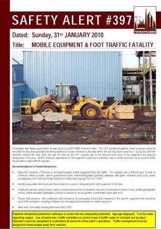 BSU Safety Alert Mobile Equipment Foot Traffic Fatality
