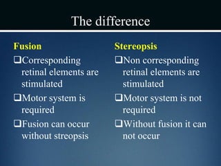 The difference
Corresponding
retinal elements are
stimulated
Motor system is
required
Fusion can occur
without streopsis
Stereopsis
Non corresponding
retinal elements are
stimulated
Motor system is not
required
Without fusion it can
not occur
Fusion
 