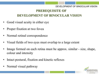 PREREQUISITE OF
DEVELOPMENT OF BINOCULAR VISION
• Good visual acuity in either eye
• Proper fixation at two fovea
• Normal retinal correspondence
• Visual fields of two eyes must overlap to a large extent
• Image formed on each retina must be approx. similar - size, shape,
colour and intensity
• Intact postural, fixation and kinetic reflexes
• Normal visual pathway
DEVELOPMENT OF BINOCULAR VISION
 
