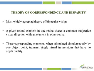 THEORY OF CORRESPONDENCE AND DISPARITY
• Most widely accepted theory of binocular vision
• A given retinal element in one retina shares a common subjective
visual direction with an element in other retina
• These corresponding elements, when stimulated simultaneously by
one object point, transmit single visual impressions that have no
depth quality
 