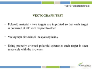 VECTOGRAPH TEST
• Polaroid material - two targets are imprinted so that each target
is polarized at 90º with respect to other
• Vectograph dissociates the eyes optically
• Using properly oriented polaroid spectacles each target is seen
separately with the two eyes
TESTS FOR STEREOPSIS
 