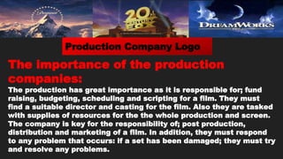 The importance of the production
companies:
The production has great importance as it is responsible for; fund
raising, budgeting, scheduling and scripting for a film. They must
find a suitable director and casting for the film. Also they are tasked
with supplies of resources for the the whole production and screen.
The company is key for the responsibility of; post production,
distribution and marketing of a film. In addition, they must respond
to any problem that occurs: if a set has been damaged; they must try
and resolve any problems.
Production Company Logo
 