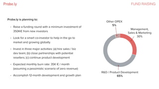 Probe.ly is planning to:
• Raise a funding round with a minimum investment of
350K€ from new investors
• Look for a smart co-investor to help in the go to
market and growing globally
• Invest in three major activities: (a) hire sales / biz
dev team; (b) close partnerships with potential
resellers; (c) continue product development
• Expected monthly burn rate: 35K € / month
(assuming a pessimistic scenario of zero revenue)
• Accomplish 12-month development and growth plan
FUND RAISING
Other OPEX
5%
Management,
Sales & Marketing
30%
R&D / Product Development
65%
 