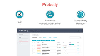Automatic
vulnerability scanner
SaaS
Vulnerability
Manager
Probe.ly
 
