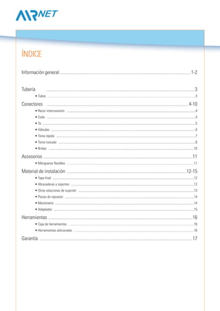 Información general ................................................................................................................................................................1-2
Tubería	 ......................................................................................................................................................................................3
	 • Tubos .....................................................................................................................................................................................3
Conectores 	 ............................................................................................................................................................................. 4-10
	 • Racor interconexión ..............................................................................................................................................................4
	 • Codo ......................................................................................................................................................................................4
	 • Te ...........................................................................................................................................................................................5
	 • Válvulas .................................................................................................................................................................................6
	 • Toma rápida ...........................................................................................................................................................................7
	 • Toma roscada ........................................................................................................................................................................8
	 • Bridas ..................................................................................................................................................................................10
Accesorios ......................................................................................................................................................................................11
	 • Mangueras flexibles ............................................................................................................................................................11
Material de instalación ...................................................................................................................................................12-15
	 • Tapa final .............................................................................................................................................................................12
	 • Abrazaderas y soportes .......................................................................................................................................................12
	 • Otras soluciones de sujeción ..............................................................................................................................................13
	 • Piezas de repuesto ..............................................................................................................................................................14
	 • Manómetro ..........................................................................................................................................................................14
	 • Adaptador ............................................................................................................................................................................15
Herramientas	.................................................................................................................................................................................16
	 • Caja de herramientas ..........................................................................................................................................................16
	 • Herramientas adicionales ...................................................................................................................................................16
Garantía	 ...........................................................................................................................................................................................17
ÍNDICE
 