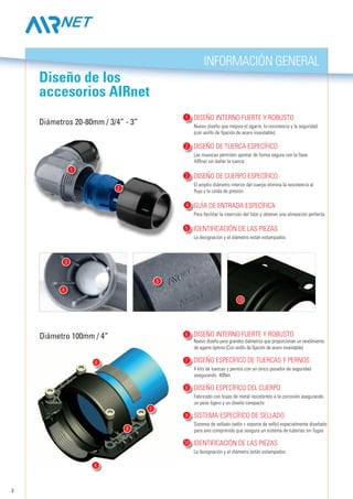 2
7
8
9
10
1
2
5
3
4
6
Diseño interno fuerte y robusto
Nuevo diseño que mejora el agarre, la resistencia y la seguridad
(con anillo de fijación de acero inoxidable).
Diseño de tuerca específico
Las muescas permiten apretar de forma segura con la llave
AIRnet sin dañar la tuerca.
Diseño de cuerpo específico
El amplio diámetro interior del cuerpo elimina la resistencia al
flujo y la caída de presión.
	
Guía de entrada específica
Para facilitar la inserción del tubo y obtener una alineación perfecta.
	
Identificación de las piezas
La designación y el diámetro están estampados.
Información general
Diseño de los
accesorios AIRnet
Diámetros 20-80mm / 3/4” - 3”
Diámetro 100mm / 4” DISEÑO INTERNO FUERTE Y ROBUSTO
Nuevo diseño para grandes diámetros que proporcionan un rendimiento
de agarre óptimo (Con anillo de fijación de acero inoxidable)
DISEÑO ESPECÍFICO DE TUERCAS Y PERNOS
4 kits de tuercas y pernos con un único pasador de seguridad
asegurando 40Nm
DISEÑO ESPECÍFICO DEL CUERPO
Fabricado con hojas de metal resistentes a la corrosión asegurando
un peso ligero y un diseño compacto
SISTEMA ESPECÍFICO DE SELLADO
Sistema de sellado (sello + soporte de sello) especialmente diseñado
para aire comprimido que asegura un sistema de tuberías sin fugas
IDENTIFICACIÓN DE LAS PIEZAS
La designación y el diámetro están estampados
8
1
2
3
4
5
6
7
9
10
 