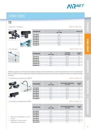 5
2810 1005 00 20 / ¾” 01
2810 2005 00 25 / 1” 01
2810 4005 00 40 / 1½” 01
2810 5005 00 50 / 2” 01
2810 6005 00 63 / 2½” 01
2810 7005 00 80 / 3” 01
2810 8005 00* 100 /4” 01
2810 2107 00 25 / 1” 20 / ¾” 01
2810 4207 00 40 / 1½” 25 / 1” 01
2810 5407 00 50 / 2” 40 / 1½” 01
2810 8707 00** 100 / 4” 80 / 3” 01
2810 8607 00** 100 / 4” 63 / 2½” 01
2810 8507 00** 100 / 4” 50 / 2” 01
2810 1008 00 20 / ¾” 12.5 / ½” 01
2810 2008 00 25 / 1” 12.5 / ½” 01
2810 5208 00 50 / 2’’ 25 / 1” 01
2810 6508 00 63 / 2½” 50 / 2” 01
2810 7608 00 80 / 3” 63 / 2½” 01
2810 7708 00 80 / 3” 80 / 3” 01
2810 8208 00** 100 / 4” 25 / 1” 01
2810 1009 00 20 / ¾” 12.5 / ½” 01
2810 2009 00 25 / 1” 12.5 / ½” 01
2810 5209 00 50 / 2’’ 25 /1’ 01
2810 6509 00 63 / 2½” 50 / 2” 01
2810 7609 00 80 / 3” 63 / 2½” 01
2810 7709 00 80 / 3” 80 / 3” 01
2810 8209 00** 100 / 4” 25 / 1” 01
CONECTORES
CONECTORESTUBERÍASACCESORIOSINSTALACIÓNHERRAMIENTAS
TE
	 > Unión en T simétrica 	 2810 05
	 > Te reductora 					 				 	 2810 07
También se puede usar una Te reductora roscada para desviar una línea de distribución o un anillo principal desde el centro de una tubería para
eludir un obstáculo o evitar una geometría compleja. Se emplea con frecuencia una Te reductora roscada para conectar una manguera de goma
al sistema.
	 > Te reductora roscada (rosca BSPT) 	 2810 08
	 > Te reductora roscada (rosca NPT) 	 2810 09
*	 Añada siempre 3 x 2810 8002 00 o una unión en
	 T simétrica
**	 Añada siempre 2 x tomas de transición
	 2810 8002 00 por cada Te reductora
Designación
Ø
(mm / pulg)
UNIDADES LOTE
Designación
Ø
(mm / pulg)
Ø reducido
(mm / pulg)
UNIDADES
LOTE
Designación
Ø
(mm / pulg)
Salida roscada reducida Ø
(mm / pulg)
UNIDADES
LOTE
Designación
Ø
(mm / pulg)
Salida roscada reducida Ø
(mm / pulg)
UNIDADES
LOTE
 