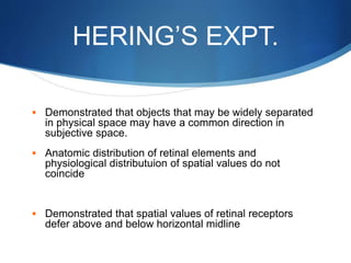 HERING’S EXPT.
 Demonstrated that objects that may be widely separated
in physical space may have a common direction in
subjective space.
 Anatomic distribution of retinal elements and
physiological distributuion of spatial values do not
coincide
 Demonstrated that spatial values of retinal receptors
defer above and below horizontal midline
 