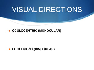 VISUAL DIRECTIONS
S OCULOCENTRIC (MONOCULAR)
S EGOCENTRIC (BINOCULAR)
 