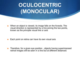 OCULOCENTRIC
(MONOCULAR)
S When an object is viewed, its image falls on the foveola. The
visual direction is represented by a line joining the two points,
known as the principle visual line or axis
S Each point on retina can have its own visual axis
S Therefore, for a given eye position , objects having superimposed
retinal images will be seen in a line but at different distances
 