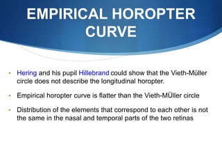 EMPIRICAL HOROPTER
CURVE
• Hering and his pupil Hillebrand could show that the Vieth-Müller
circle does not describe the longitudinal horopter.
• Empirical horopter curve is flatter than the Vieth-MÜller circle
• Distribution of the elements that correspond to each other is not
the same in the nasal and temporal parts of the two retinas
 