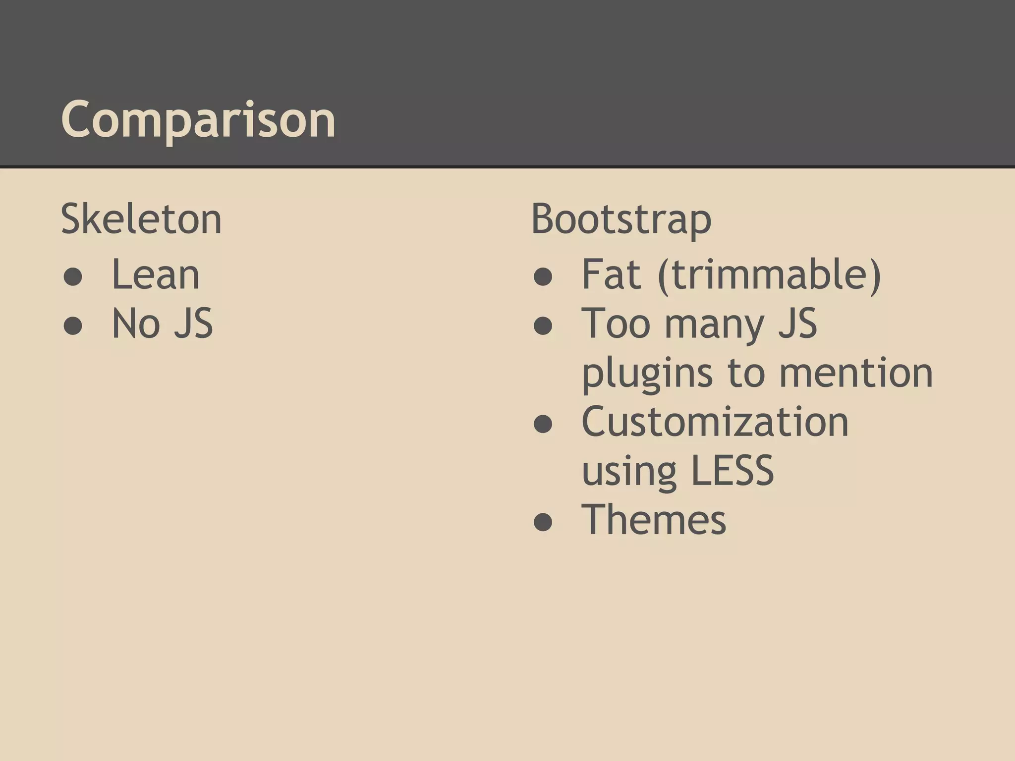 Comparison
Skeleton
● Lean
● No JS
Bootstrap
● Fat (trimmable)
● Too many JS
plugins to mention
● Customization
using LESS
● Themes