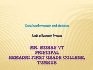 MR. MOHAN VT
PRINCIPAL
HEMADRI FIRST GRADE COLLEGE,
TUMKUR
Social work researchand statistics
Unit-2: Research Process
 