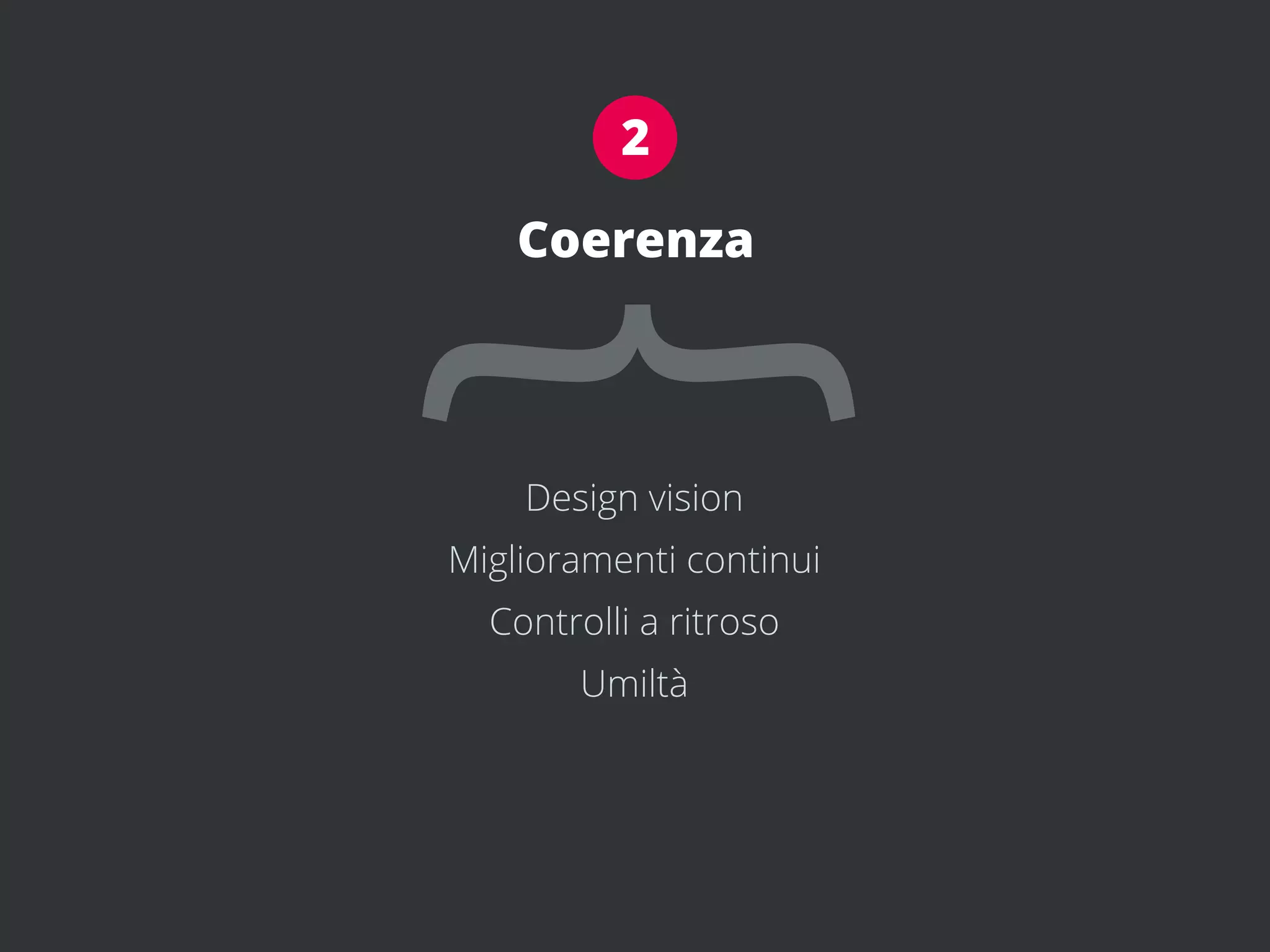 2

    Coerenza



{   Design vision
Miglioramenti continui
  Controlli a ritroso
       Umiltà
 