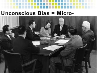 Unconscious Bias = Micro-inequities!
»  Slights: “You’re the receptionist, right?”!
»  Exclusion: “Oops, I forgot to cc her on that email.”
»  Recognition: “No, I’m pretty sure it was Tom’s idea,
not Jane’s, to use a link algorithm.”
»  Isolation: “Dude, let’s grab a beer!”
 