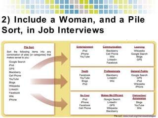 2) Include a Woman, and a Pile Sort,
in Job Interviews!
Pile sort: www.ncwit.org/interviewstrategies !
 
