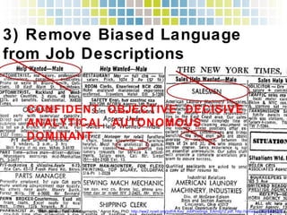 3) Remove Biased Language from
Job Descriptions!
“Startups and Job Advertisements,” Aaron Kay, PhD: http://ww2.ncwit.org/pdf/A.Kay_JobPostings_EAmtg12.pdf; http://vimeo.com/46501265
CONFIDENT OBJECTIVE DECISIVE
ANALYTICAL AUTONOMOUS DOMINANT!
 