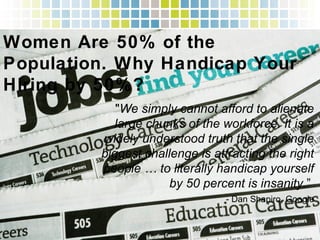 Women Are 50% of the Population.
Why Handicap Your Hiring by 50%?!
"We simply cannot afford to alienate
large chunks of the workforce. It is a
widely understood truth that the single
biggest challenge is attracting the right
people … to literally handicap yourself
by 50 percent is insanity.”!
- Dan Shapiro, Google!
 
