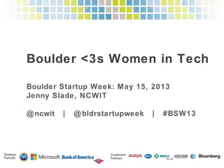 Boulder <3s Women in Tech!
Boulder Startup Week: May 15, 2013!
Jenny Slade, NCWIT!
!
@ncwit | @bldrstartupweek | #BSW13
 