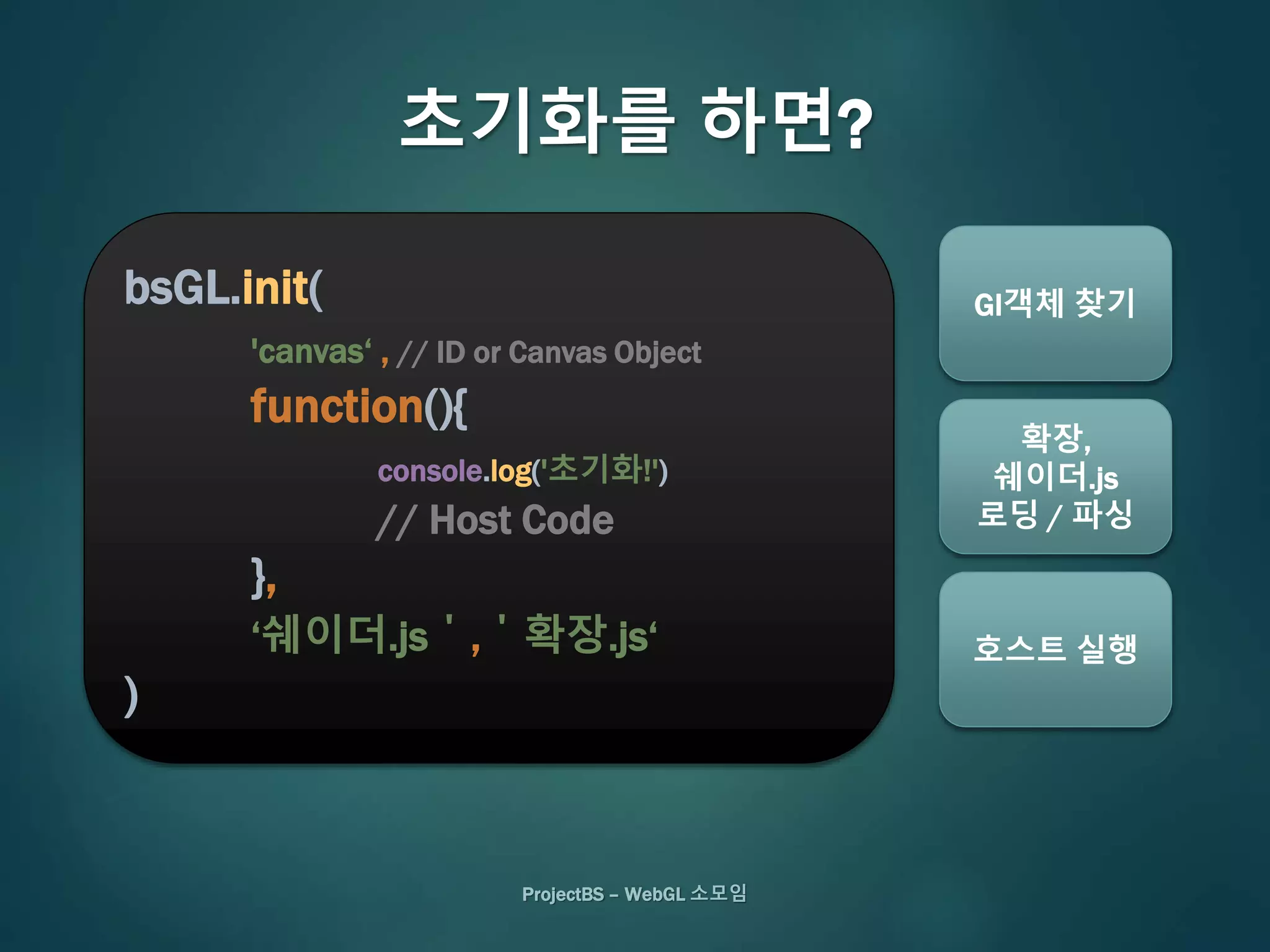 bsGL.init(
'canvas‘ , // ID or Canvas Object
function(){
console.log('초기화!')
// Host Code
},
‘쉐이더.js＇,＇확장.js‘
)
ProjectBS – WebGL 소모임
Gl객체 찾기
확장,
쉐이더.js
로딩 / 파싱
호스트 실행
초기화를 하면?
 