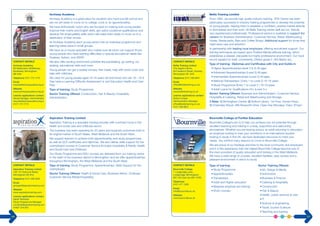 Bournville College of Further Education 
Bournville College’s aim is to help you achieve your full potential through 
excellent teaching and training in a lively, supportive and welcoming 
atmosphere. Whether you are leaving school, an adult returning to education, 
an employer looking to train your workforce or an international student 
looking to study in the UK, we have dedicated resources to meet your 
needs. You will find many reasons to come to Bournville College. 
We are proud of our heritage and links to the local community and employers 
and it is this experience that has helped Bournville College become one of 
the main providers of quality education and training in the West Midlands. 
We have a wide range of courses, excellent facilities, easy access and a 
pleasant environment in which to study. 
CONTACT DETAILS 
Bournville College 
1 Longbridge Lane, 
Longbridge, Birmingham 
B31 2AJ (sat nav B31 2TW) 
Telephone: 
0121 477 1300 
Email: 
info@bournville.ac.uk 
Website: 
www.bournville.ac.uk 
Sector Training Offered: 
• Art, Design & Media 
• Automotive 
• Business & Finance 
• Catering & Hospitality 
• Construction 
• Hair & Beauty 
• Health, public services & care 
• IT 
• Science & engineering 
• Travel, tourism & leisure 
• Teaching and training 
Type of training: 
• Study Programme 
• Apprenticeships 
• Traineeships 
• Adult and Higher education 
• Bespoke employer led training 
• Short courses 
CONTACT DETAILS 
Bellis Training Limited 
The Argent Centre, 
60 Frederick Street, Hockley, 
Birmingham B1 3HS 
Telephone 0121 236 6841 
Email 
office@bellistraining.co.uk 
Website 
www.bellistraining.co.uk 
Learner applications contact 
Elaine Cooper 
Administration Manager 
office@bellistraining.co.uk 
0121 236 6841 
Bellis Training Limited 
From 1984, we provide high quality industry training. BTA Centre has been 
particularly successful in industry training programmes to develop the potential 
of young people, helping them to establish a confident, positive mental attitude 
to themselves and their work. All Bellis Training centre staff are fun, friendly 
very experienced professionals. Professional service is available to support the 
careers for Business Administration, Customer Service, Retail, Warehousing, 
Hotels, Restaurants, Bars and Coffee Shops. Additional support for those that 
need extra care and attention. 
In partnership with leading local employers; offering recruitment support. Our 
training techniques are based upon Positive Mental attitude training, which 
establishes a relaxed, enjoyable but highly professional environment. Our track 
record speaks for itself, consistently. Ofsted grade 2. IAG Matrix acc. 
Type of training: Diplomas and Certificates with City and Guilds in: 
• Higher Apprenticeships (level 4 & 5) All ages 
• Advanced Apprenticeships (Level 3) All ages 
• Intermediate Apprenticeships (Level 2) All ages 
• National Traineeships ( Entry 1 to Level 2) 16-19 years 
• Study Programme (Entry 1 to Level 2 ) 16-19 years 
• Adult Loans for Qualifications 24+ (Level 3+) 
Sector Training Offered: Business and Administration, Customer Service, 
Hospitality & Catering, Retail and Warehousing and Storage. 
3 Sites: 1) Birmingham Centre. 2) Solihull Library: 1st Floor, Homer Road, 
3) Chelmsley Wood: 289 Bosworth Drive. Open Day Mondays 10am: B’ham. 
Aspiration Training Limited 
Aspiration Training is a specialist training provider with a primary focus in the 
health and social care and childcare sector. 
The business has been operating for 20 years and supports customers both in 
its original market of South Wales, West Midlands and the South West. 
We support learners to achieve both apprenticeship and study programmes, 
as well as QCF certificates and diplomas. We also deliver skills support for the 
unemployed courses in Customer Service (includes Hospitality & Retail), Health 
and Social Care and Childcare. 
Our Study Programme and SSU courses are delivered from our training centre 
in the heart of the business district in Birmingham and we offer apprenticeships 
throughout Birmingham, the West Midlands and the South West. 
Type of training: Study Programme, Apprenticeships, Skills Support for the 
unemployed. 
Sector Training Offered: Health & Social Care, Business Admin, Childcare, 
Customer Service (Retail/Hospitality). 
CONTACT DETAILS 
Archway Academy 
86 Waterylane, Middleway, 
Bordesley, Birmingham 
B9 4HN 
Telephone 0121 772 7772 
Email 
enquiries@archwayacademy.org.uk 
Website 
www.archwayacademy.org.uk 
Learner applications contact 
Nicola Mulligan, Administrator 
enquiries@archwayacademy.org.uk 
0121 772 7772 
CONTACT DETAILS 
Aspiration Training Limited 
125-131 Edmund Street, 
Birmingham B3 2HJ 
Telephone 0121 236 3222 
Email 
gmorgan@aspirationtraining.com 
Website 
www.aspirationtraining.com 
Learner applications contact 
Sarah Richards 
Study Programme Manager 
s.richards@aspirationtraining.com 
07837 316 875 
Archway Academy 
Archway Academy is a great place for students who have just left school and 
are not yet ready to move on to college, a job or an apprenticeship. 
We have enthusiastic tutors who are focused on making sure young people 
improve their maths and English skills, get useful vocational qualifications and 
develop the employability skills which will make them ready to move on to a 
destination of their choice. 
At Archway Academy each young person has an individual programme and 
learning takes place in small groups. 
We have an in-house specialist who makes sure all tutors can support those 
young people who have learning difficulties or special educational needs like 
Dyslexia, Autism, and ADHD. 
We also offer exciting enrichment activities like paintballing, go-karting, ice 
skating, educational visits and more. 
Young people can get a weekly bursary, free meals, help with travel costs and 
help with childcare. 
We cater for young people aged 16-18 years old and those who are 19 – 24 if 
they have a Learning Difficulty Assessment or and Education Health and Care 
Plan. 
Type of training: Study Programme. 
Sector Training Offered: Construction, Hair & Beauty, Hospitality, 
Administration. 
26 27 
 