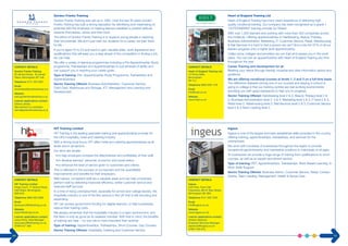 Heart of England Training Ltd 
CONTACT DETAILS 
Ingeus 
2nd Floor, Town Hall 
Chambers, 88-91 New Street, 
Birmingham B2 4BA 
Telephone 0121 329 7333 
Email 
info@ingeus.co.uk 
Website 
www.ingeus.co.uk 
Learner applications contact 
Andrew Spencer 
Employer Services Manager 
aspencer@ingeus.co.uk 
07837 046 016 
Heart of England Training Ltd 
Heart of England Training has many years experience of delivering high 
quality vocational training. Our company has been recognised as a grade 1 
‘OUTSTANDING’ training provider by Ofsted. 
With over 1,000 learners and working with more than 400 companies across 
the midlands. Offering apprenticeships in Hairdressing, Beauty Therapy, 
Business Administration, Marketing, IT, Customer Service, Retail, Warehousing 
& Nail Services it is hard to find a person we can’t find a role for! 67% of all our 
leaners progress onto a higher level apprenticeship. 
Unlike some colleges and providers we can train and assess you in the work 
place. You can join an apprenticeship with Heart of England Training any time 
throughout the year. 
Career Training and development for all 
Meeting your needs through friendly, impartial and clear information advice and 
guidance. 
We are offering vocational courses at levels 1, 2 and 3 on a full time basis. 
The difference between joining one of our courses and staying in school or 
going to college is that our training centres are real working environments 
providing you with great experience to help you to progress. 
Sector Training Offered: Hairdressing level 2 & 3, Beauty Therapy level 2 & 
3, Business Administration level 2, 3 & 4, Marketing level 2 & 3, IT level 2 & 3, 
Retail level 2, Warehousing level 2, Nail Services level 2 & 3, Customer Service 
level 2 & 3,Team Leading level 2. 
Ingeus 
Ingeus is one of the largest and best-established skills providers in the country, 
offering training, apprenticeships, traineeships, and services for the 
unemployed. 
We work with hundreds of businesses throughout the region to provide 
exceptional apprenticeship and traineeship positions to individuals of all ages. 
To businesses we provide a huge range of training from qualifications to short 
courses, as well as an expert recruitment service. 
Type of training: PET, Apprenticeships, Traineeships, Work Based Learning, In 
Work Skills Support. 
Sector Training Offered: Business Admin, Customer Service, Retail, Contact 
Centre, Team Leading, Management, Health & Social Care. 
CONTACT DETAILS 
Heart of England Training Ltd 
12 Priory Walk, 
Birmingham 
B4 7LJ 
Telephone 0800 0281 576 
Email 
info@hoet.co.uk 
Website 
www.hoet.co.uk 
CONTACT DETAILS 
HIT Training Limited 
Kings Court, 17 School Road, 
Hall Green, Birmingham 
B28 8JG 
Telephone 0800 093 5892 
Email 
laura.perry@hittraining.co.uk 
Website 
www.hittraining.co.uk 
Learner applications contact 
Laura Perry, Area Manager 
laura.perry@hittraining.co.uk 
07903 017 383 
HIT Training Limited 
HIT Training is the leading specialist training and apprenticeship provider for 
the UK’s hospitality, hotel and catering industry. 
With a strong local focus, HIT offers hotel and catering apprenticeships at all 
levels and in all sectors. 
Our aims are simple: 
• to help employers increase the effectiveness and profitability of their staff 
• to develop learners’ personal, economic and social status 
• to enhance the level of service given to customers and clients. 
This is reflected in the success of our learners and the quantifiable 
improvements and benefits for their employers. 
Well trained, competent staff are a valuable asset and can help a business 
perform well by delivering improved efficiency, better customer service and 
reduced staff turnover. 
In a time of rising unemployment, especially for school and college leavers, the 
hospitality industry is one of the few sectors in the UK that is still recruiting and 
expanding. 
HIT can access government funding for eligible learners, to help businesses 
reduce their training costs. 
We always remember that the hospitality industry is a team environment, and 
the team is only as good as its weakest member. With that in mind, the benefits 
of training are clear – no one role is more important than another. 
Type of training: Apprenticeships, Traineeships, Short Courses, Day Courses. 
Sector Training Offered: Hospitality, Catering and Customer Service. 
CONTACT DETAILS 
Gordon Franks Training 
St James House, St James 
Place, Birmingham B7 4JE 
Telephone 0121 333 3001 
Email 
recruitmentteam@gordonfrankstraining.co.uk 
Website 
www.gordonfrankstraining.co.uk 
Learner applications contact 
Dianne James 
Recruitment Co-ordinator 
dianne@gordonfrankstraining.co.uk 
Gordon Franks Training 
Gordon Franks Training was set up in 1982. Over the last 30 years Gordon 
Franks Training has built a strong reputation for identifying and maximising on 
potential with the emphasis on helping learners establish a positive attitude 
towards themselves, others and their work. 
The ethos of Gordon Franks Training is to support young people in reaching 
their full potential. We don’t just train our students for a career, we train them 
for life. 
If you’re aged 16 to 23 and want to gain valuable skills, work experience and 
qualifications that will keep you a step ahead of the competition in finding a job, 
we can help. 
We offer a variety of learning programmes including a Pre-Apprenticeship Study 
programme, Traineeships and Apprenticeships to suit all levels of ability and 
can support you in reaching your career goals. 
Type of training: Pre- Apprenticeship Study Programme, Traineeships and 
Apprenticeships. 
Sector Training Offered: Business Administration, Customer Service, 
Child Care, Warehouse and Storage, ICT, Management and Learning and 
Development. 
30 31 
 