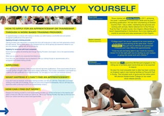 17 
An apprenticeship is a real job with training to develop your skills towards a worthwhile level and achieve 
recognised qualifications at the same time. 
Applying through a training provider 
Training providers are independent companies that work with employers to make sure their apprentices receive 
the right training. Training takes place in the workplace and you will be gaining real experience tailored to you 
and your employer, together with off the job training. 
Applying for vacancies with local companies 
Some local companies will advertise jobs through Training Providers, local papers, and on the apprenticeships 
website. 
Make sure you apply for any vacancies that interest you. 
If you find a job, your employer may be prepared to offer you training through an apprenticeship with a 
recognised work based training provider. 
When applying for one vacancy, make sure you have the right entry qualifications. Some opportunities will ask for 
particular grades in English, maths and a sector related qualification. This is where a traineeship could benefit you 
in getting the right qualification for an apprenticeship. You can apply for more than one employer vacancy. 
If you don’t have an employer, work-based training providers can help you with this. These allow you to start 
working on the skills and knowledge, through the work study programme/traineeship, that you will need as an 
apprentice whilst continuing to look for an apprenticeship vacancy. 
Research the training provided by work-based training providers you will find at the back of this directory and 
apply to those who offer the courses you want to do. Talk to your Training Provider, they help you find out more 
about your options and tell you about local opportunities. 
16 
Shaun Cahill 
Horticulture Apprentice Shaun started with Merlin Training in 2011, achieving 
Eleanor Livermore 
Childcare Apprentice 
Bill Banyard 
Electrical Apprentice 
his Level 1 certificate in Construction Skills and his level 1 
plumbing qualification. He was also volunteering at Sheldon 
Country Park 1 day a week, maintaining the grounds and 
working with animals. Merlin referred him to the Princes 
Trust for their 12 week course. Gro-Organic offered Shaun a 
level 2 Apprenticeship in Horticulture. He is now helping with 
events to promote and raise awareness of Gro-Organic. 
“College wasn’t for me as I wanted to be more hands on 
in my learning and earning at the same time. I found 
learndirect, they got me an interview at Lawnswood 
Childcare and I was offered the apprenticeship. 
“I love my job and being able to say I work at a nursery. 
I know I’m on the right path now to owning my own nursery 
or going into social work with children.” 
Second year JTL apprentice Bill Banyard engaged on the 
kitting out of portable plant rooms that are to be exported 
to Ireland. 
He says his most enjoyable task to date has been working 
on England rugby’s new training facilities at Pennyhill Park 
in Surrey. This included work in gyms and the indoor pitch. 
Bill attends Kidderminster College on two week 
block release periods. 
 