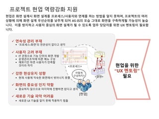 프로젝트 현업 역량강화 지원
현업은 화면 설계시 화면 설계를 프로세스/사용자와 연계를 하는 방법을 알지 못하며, 프로젝트의 여러
상황에 의해 화면 설계 우선순위를 낮추게 되어 AS-IS의 모습 그대로 화면을 구축하게될 가능성이 높습
니다. 이를 방지하고 사용자 중심의 화면 설계가 될 수 있도록 업무 당담자를 위한 UX 멘토링이 필요합
니다.
<프로세스>
<화면>
어떻게
구성하지?
[현업]
 연속성 관리 부재
현업을 위한
“UX 멘토링”
필요
 ‘프로세스-화면’의 연관성이 없다고 생각
 사용자 고려 부재
 IT 관점으로 기능 단위의 화면 개발
 운영관리조직에 따른 메뉴 구성
 예쁘기만 하면 사용자가 만족할
것이라 착각
 강한 현상유지 성향
 현재 사용에 익숙한 화면에서 벗어나지 못함
 화면의 중요성 인지 약함
 중요하지 않으므로 마지막에 진행하면 된다고 생각
 새로운 기술 파악 어려움
 새로운 UI 기술을 알지 못해 적용하기 힘듦
 