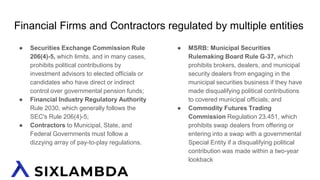 Financial Firms and Contractors regulated by multiple entities
● Securities Exchange Commission Rule
206(4)-5, which limits, and in many cases,
prohibits political contributions by
investment advisors to elected officials or
candidates who have direct or indirect
control over governmental pension funds;
● Financial Industry Regulatory Authority
Rule 2030, which generally follows the
SEC's Rule 206(4)-5;
● Contractors to Municipal, State, and
Federal Governments must follow a
dizzying array of pay-to-play regulations.
● MSRB: Municipal Securities
Rulemaking Board Rule G-37, which
prohibits brokers, dealers, and municipal
security dealers from engaging in the
municipal securities business if they have
made disqualifying political contributions
to covered municipal officials; and
● Commodity Futures Trading
Commission Regulation 23.451, which
prohibits swap dealers from offering or
entering into a swap with a governmental
Special Entity if a disqualifying political
contribution was made within a two-year
lookback
 