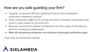 How are you safe guarding your firm?
● Typically, companies offer pre-clearance forms on their employee’s
automated compliance software
● When employees neglect to fill out this pre-clear or disclose, contributions can
result in costly issues for the entire firm
● Manually searching for political contributions can take weeks of monotonous
work for compliance professionals
● Most all compliance programs are missing a thorough verification layer
That’s why we formed Six Lambda.
 