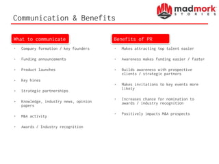Communication & Benefits
• Company formation / key founders
• Funding announcements
• Product launches
• Key hires
• Strategic partnerships
• Knowledge, industry news, opinion
papers
• M&A activity
• Awards / Industry recognition
• Makes attracting top talent easier
• Awareness makes funding easier / faster
• Builds awareness with prospective
clients / strategic partners
• Makes invitations to key events more
likely
• Increases chance for nomination to
awards / industry recognition
• Positively impacts M&A prospects
What to communicate Benefits of PR
 