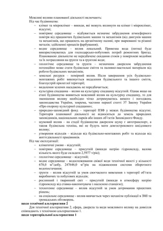 Можливі впливи планованої діяльності включають:
Під час будівництва:
 клімат та мікроклімат – викиди, які можуть вплинути на клімат і мікроклімат,
відсутні;
 повітряне середовище – відбувається незначне забруднення атмосферного
повітря від працюючих будівельних машин та механізмів (від двигунів машин
та механізмів, що працюють на органічному паливі; при зварюванні та різанні
металів; здійсненні процесів фарбування);
 водне середовище – вплив локальний. Привозна вода (питна) буде
використовуватись для господарсько-побутових потреб ремонтних бригад.
Планованою діяльністю не передбачене скидання стоків у поверхневі водойми
та їх потрапляння на ґрунти та в ґрунтові води;
 геологічне середовище та ґрунти – незначним джерелом забруднення
потенційно може стати будівельне сміття та паливно-мастильні матеріали від
роботи будівельних механізмів;
 земельні ресурси – помірний вплив. Після завершення усіх будівельно-
монтажних робіт виконується видалення будівельного та іншого сміття,
благоустрій прилеглої території;
 видалення зелених насаджень не передбачається;
 культурна спадщина – вплив на культурну спадщину відсутній. Однак якщо на
етапі будівництва виявиться можливий вплив на культурну спадщину, то для
зменшення впливу необхідно чітко дотримуватись вимого і погоджень
законодавства України, зокрема, частини першої статті 37 Закону України
«Про охорону культурної спадщини»;
 природно-заповідний фонд – території ПЗФ у межах будівництва відсутні.
Територія планованої діяльності не відноситься до земель природних
заповідників, національних парків або інших об’єктів Заповідного Фонду.
 шумовий вплив – на стадії будівництва джерелом шуму є автотранспорт, а
також будівельна техніка, які не будуть мати довгострокового шкідливого
впливу;
 утворення відходів – відходи від будівельно-монтажних робіт та відходи від
життєдіяльності працівників.
Під час експлуатації:
 кліматичні умови – відсутній;
 повітряне середовище – присутній (викиди натрію гідрооксиду, валова
кількість якого буде складати 2,5977 т/рік);
 геологічне середовище – відсутній;
 водне середовище – водоспоживання свіжої води технічної якості у кількості
678,0 м3
/добу, 247646,0 м3
/рік на підживлення системи оборотного
водопостачання;
 ґрунти – вплив відсутній за умов своєчасного вивезення з території об’єкта
виробничих та побутових відходів;
 рослинний і тваринний світ – присутній (викиди в атмосферу натрію
гідрооксиду від ставка-накопичувача з насосною станцією);
 техногенне середовище – вплив відсутній за умов дотримання проектних
рішень;
 на соціальне середовище - вплив вивчається через механізм публікації в ЗМІ та
громадських обговорень.
щодо технічної альтернативи 2
Для технічної альтернативи 2, сфера, джерела та види можливого впливу на довкілля
співпадають з технічною альтернативою 1.
щодо територіальної альтернативи 1
 