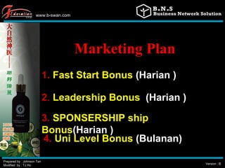 www.b-swan.com Prepared by : Johnson Tan Modified  by : TJ Ho Version : B Marketing Plan   1.  Fast Start Bonus   (Harian ) 2 .  Leadership Bonus   (Harian ) 4.  Uni Level Bonus   (Bulanan) 3.   SPONSERSHIP ship Bonus (Harian ) 