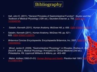 Bibliography
• Hall, John E. (2011). "General Principles of Gastrointestinal Function". Guyton and Hal
Textbook of Medical Physiology (12th ed.). Saunders Elsevier. p. 755. ISBN 978-
1416045748.
• Saladin, Kenneth (2011). Human Anatomy. McGraw Hill. p. 659. ISBN 9780071222075.
• Saladin, Kenneth (2011). Human Anatomy. McGraw Hill. pp. 621–
622. ISBN 9780071222075.
• Britannica Concise Encyclopaedia. Encyclopaedia Britannica, Inc. 2007. ISBN 978-
1593392932.
• Wood, Jackie D. (2009), "Gastrointestinal Physiology", in Rhoades, Rodney A.; Bell,
David R. (eds.), Medical Physiology: Principles for Clinical Medicine (3rd ed.),
Philadelphia, PA: Lippincott Williams & Wilkins, pp. 463–496
• Maton, Anthea (1993-01-01). Human Biology and Health. Prentice Hall 1993. ISBN 978-
0-13-981176-0
 