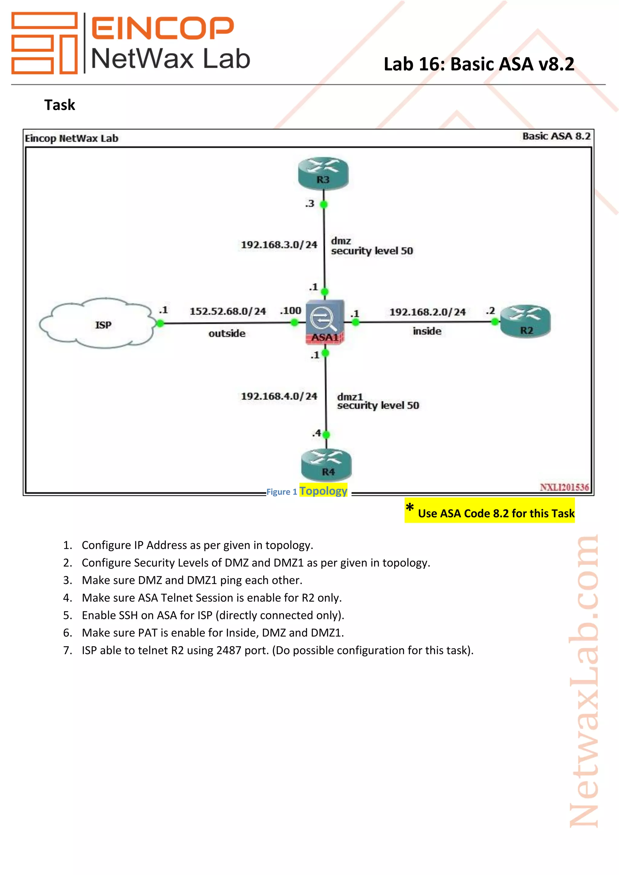 Lab 16: Basic ASA v8.2
Task
*Use ASA Code 8.2 for this Task
1. Configure IP Address as per given in topology.
2. Configure Security Levels of DMZ and DMZ1 as per given in topology.
3. Make sure DMZ and DMZ1 ping each other.
4. Make sure ASA Telnet Session is enable for R2 only.
5. Enable SSH on ASA for ISP (directly connected only).
6. Make sure PAT is enable for Inside, DMZ and DMZ1.
7. ISP able to telnet R2 using 2487 port. (Do possible configuration for this task).
Figure 1 Topology
 