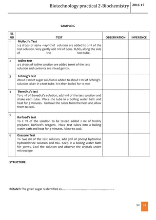 Biotechnology practical 2-Biochemistry 2016-17
SH 18
SAMPLE: C
SL
NO TEST OBSERVATION INFERENCE
1 Molisch’s Test
2-3 drops of alpha -naphthol solution are added to 2ml of the
test solution. Very gently add 1ml of Conc. H2SO4 along the side
of the test-tube.
2 Iodine test
4-5 drops of iodine solution are added to1ml of the test
solution and contents are mixed gently.
3 Fehling's test
About 2 ml of sugar solution is added to about 2 ml of Fehling’s
solution taken in a test-tube. It is then boiled for 10 min
4 Benedict’s test
To 5 ml of Benedict's solution, add 1ml of the test solution and
shake each tube. Place the tube in a boiling water bath and
heat for 3 minutes. Remove the tubes from the heat and allow
them to cool.
5
Barfoed’s test
To 2 ml of the solution to be tested added 2 ml of freshly
prepared Barfoed's reagent. Place test tubes into a boiling
water bath and heat for 3 minutes. Allow to cool.
6 Osazone Test
To two ml of the test solution, add 3ml of phenyl hydrazine
hydrochloride solution and mix. Keep in a boiling water bath
for 30mts. Cool the solution and observe the crystals under
microscope
STRUCTURE:
RESULT: The given sugar is identified as …………………………………………..
 