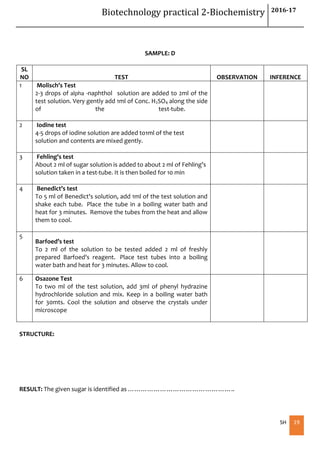 Biotechnology practical 2-Biochemistry 2016-17
SH 19
SAMPLE: D
SL
NO TEST OBSERVATION INFERENCE
1 Molisch’s Test
2-3 drops of alpha -naphthol solution are added to 2ml of the
test solution. Very gently add 1ml of Conc. H2SO4 along the side
of the test-tube.
2 Iodine test
4-5 drops of iodine solution are added to1ml of the test
solution and contents are mixed gently.
3 Fehling's test
About 2 ml of sugar solution is added to about 2 ml of Fehling’s
solution taken in a test-tube. It is then boiled for 10 min
4 Benedict’s test
To 5 ml of Benedict's solution, add 1ml of the test solution and
shake each tube. Place the tube in a boiling water bath and
heat for 3 minutes. Remove the tubes from the heat and allow
them to cool.
5
Barfoed’s test
To 2 ml of the solution to be tested added 2 ml of freshly
prepared Barfoed's reagent. Place test tubes into a boiling
water bath and heat for 3 minutes. Allow to cool.
6 Osazone Test
To two ml of the test solution, add 3ml of phenyl hydrazine
hydrochloride solution and mix. Keep in a boiling water bath
for 30mts. Cool the solution and observe the crystals under
microscope
STRUCTURE:
RESULT: The given sugar is identified as …………………………………………..
 