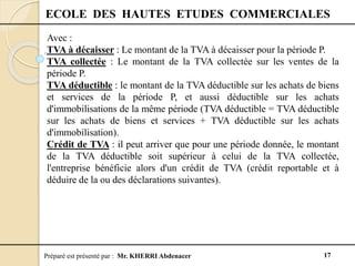 Préparé est présenté par : Mr. KHERRI Abdenacer 17
ECOLE DES HAUTES ETUDES COMMERCIALES
Avec :
TVA à décaisser : Le montant de la TVA à décaisser pour la période P.
TVA collectée : Le montant de la TVA collectée sur les ventes de la
période P.
TVA déductible : le montant de la TVA déductible sur les achats de biens
et services de la période P, et aussi déductible sur les achats
d'immobilisations de la même période (TVA déductible = TVA déductible
sur les achats de biens et services + TVA déductible sur les achats
d'immobilisation).
Crédit de TVA : il peut arriver que pour une période donnée, le montant
de la TVA déductible soit supérieur à celui de la TVA collectée,
l'entreprise bénéficie alors d'un crédit de TVA (crédit reportable et à
déduire de la ou des déclarations suivantes).
 
