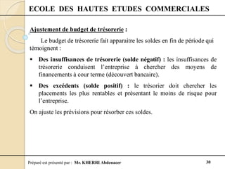 Préparé est présenté par : Mr. KHERRI Abdenacer 30
ECOLE DES HAUTES ETUDES COMMERCIALES
Ajustement de budget de trésorerie :
Le budget de trésorerie fait apparaitre les soldes en fin de période qui
témoignent :
 Des insuffisances de trésorerie (solde négatif) : les insuffisances de
trésorerie conduisent l’entreprise à chercher des moyens de
financements à cour terme (découvert bancaire).
 Des excédents (solde positif) : le trésorier doit chercher les
placements les plus rentables et présentant le moins de risque pour
l’entreprise.
On ajuste les prévisions pour résorber ces soldes.
 