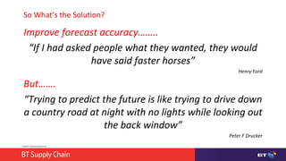 © British Telecommunications plc
So What’s the Solution?
Improve forecast accuracy……..
“If I had asked people what they wanted, they would
have said faster horses”
Henry Ford
But…….
“Trying to predict the future is like trying to drive down
a country road at night with no lights while looking out
the back window”
Peter F Drucker
 