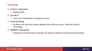 © British Telecommunications plc
Learnings
• Invest in education
– CDDP & CDDL
• Just do it
– Test it on a small subset of products in Excel
• Learn by doing
– As above, just start then shape, develop, and refine as you go – and then invest in
technology
• DDMRP is disruptive
– Embrace the transformation and don’t be afraid to abandon current perceived wisdom
 