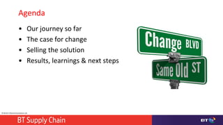 © British Telecommunications plc
Agenda
• Our journey so far
• The case for change
• Selling the solution
• Results, learnings & next steps
 