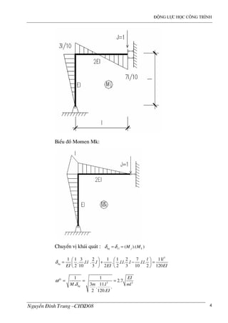 ®éng lùc häc c«ng tr×nh
NguyÔn §×nh Trung –CHXD08 4
BiÓu ®å Momen Mk:
ChuyÓn vÞ kh¸i qu¸t : 11 ( ).( )kq j kM Mδ δ= =
3
1 1 3 2 1 1 2 7 11
. . . . . . . . . . . . .
2 10 3 2 2 3 10 2 120
kq
l l
l l l l l l l l
EI EI EI
δ
   
= + − =   
   
3 3
1 1
2.7
3 11..
. .
2 120.
dx
kq
EI
m lM ml
EI
ω
δ
= = =
 