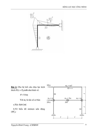 ®éng lùc häc c«ng tr×nh
NguyÔn §×nh Trung –CHXD08 9
B i 2: Cho hÖ kÕt cÊu chÞu lùc kÝch
thÝch P(t) = P0sinθt nh− h×nh vÏ:
10.6θ ω=
Víi ω1 l tÇn sè c¬ b¶n
a.X¸c ®Þnh [ω]
b.VÏ biÓu ®å m«men uèn ®éng
(M®
P)
2P(t)
2P(t)
m2 = 2mm1 = m
2EI
EI
EI
l l
l
EI = ∞
l
m1 = m
m0 = m/l
 